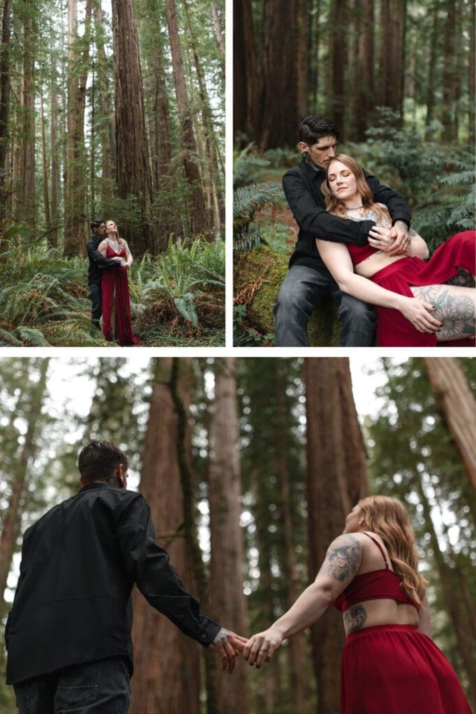 a couple during their engagement enjoy the sights of the redwood trees in the redwood national park