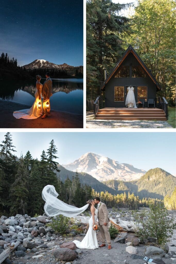 a couple celebrate their elopement day with mount rainier as their backdrop in washington state