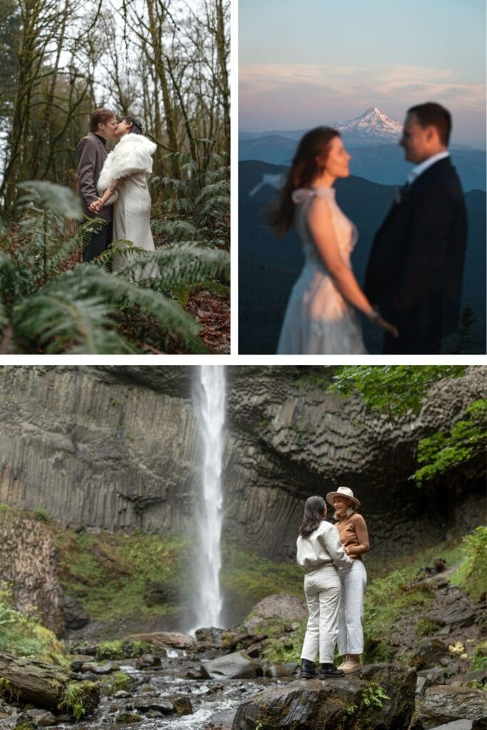 three photos of couples eloping in some of the most beautiful places in the united states