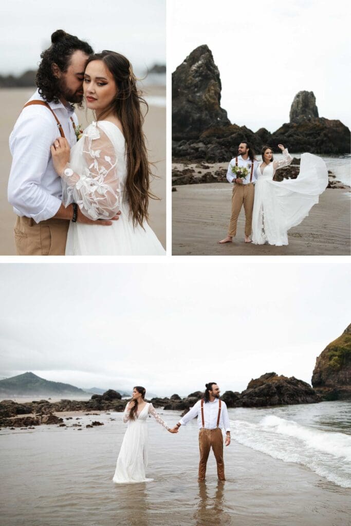 a wedding couple spending their elopement day on the oregon coast near cannon beach and haystack rock