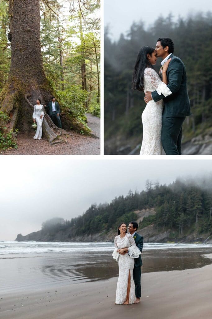 a wedding couple hugging and laughing on the oregon coast at oswald west state park