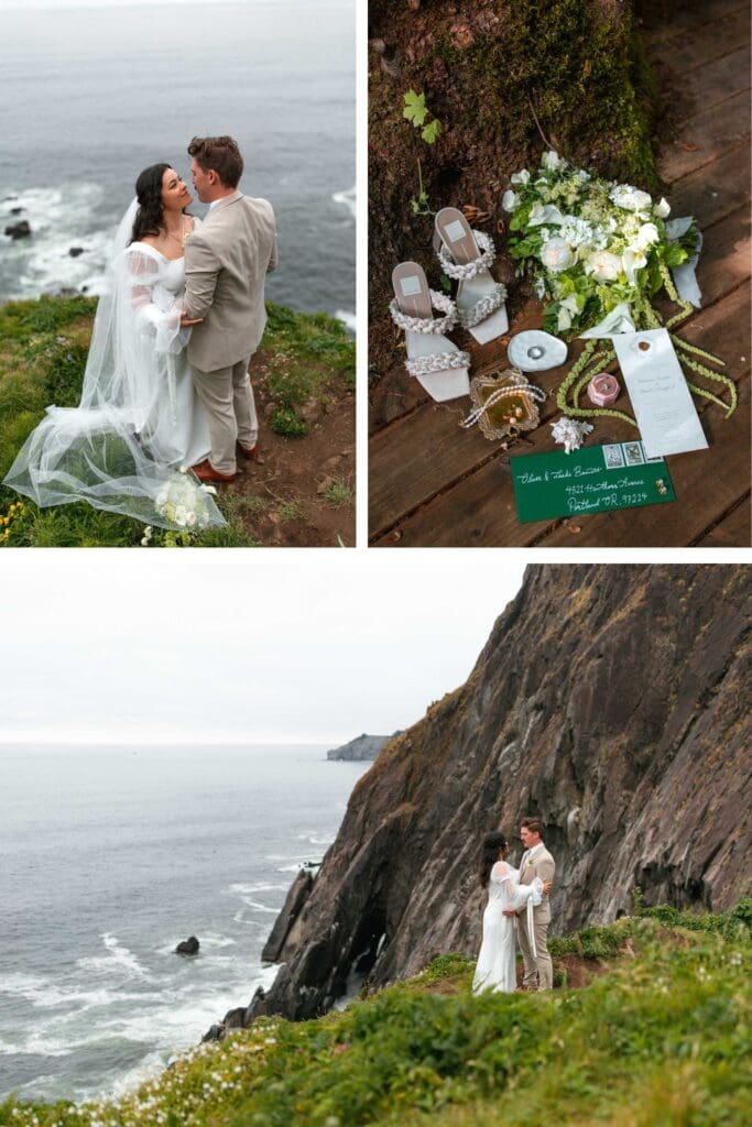 a couples elope on the oregon coast near cannon beach with the ocean and rocky cliffs as their backdrop