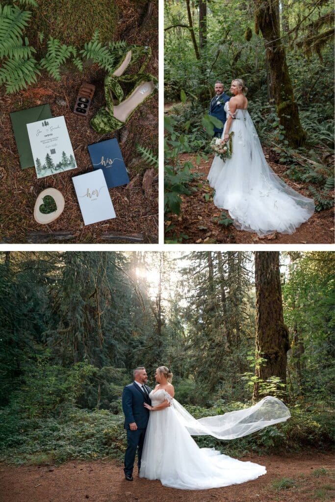 a wedding couple is surrounded by lush green trees and moss in forest park in portland oregon