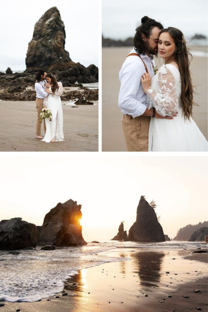a elopement couple enjoy the sandy beach with views of the ocean and interesting rock formations behind them