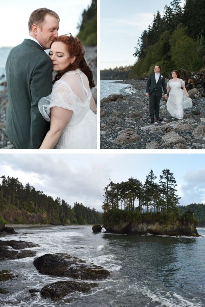 a elopement couple walk along a rocky beach with views of the water and trees