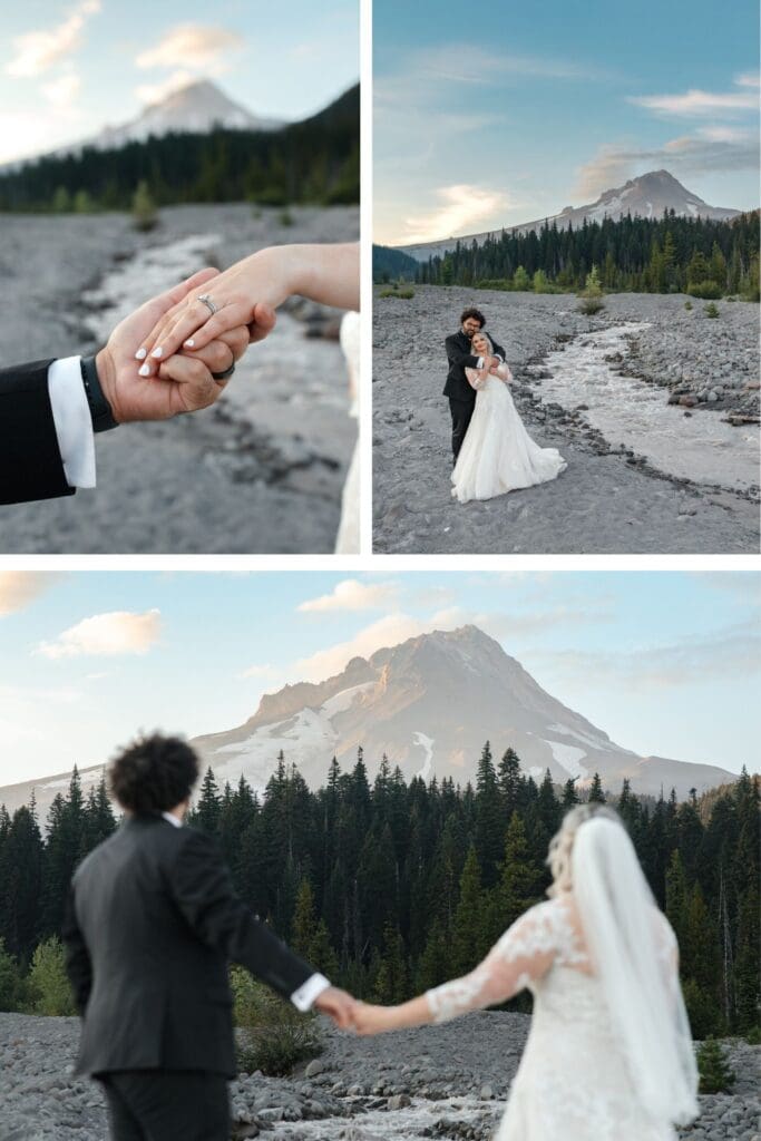 a elopement couple hold hands with mount hood as their backdrop in the pacific northwest