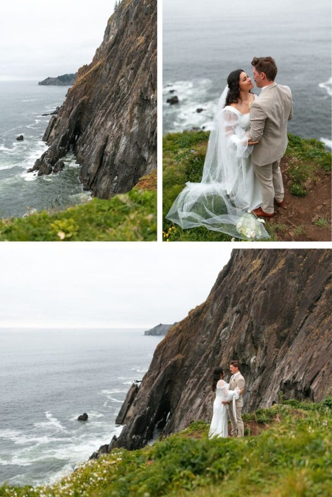 a wedding couple exchange vows on a cliff that overlooks the ocean and coastline