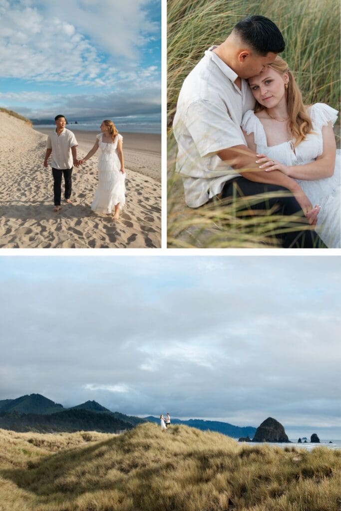 an eloping couple walk on the beach on the west coast during their wedding day