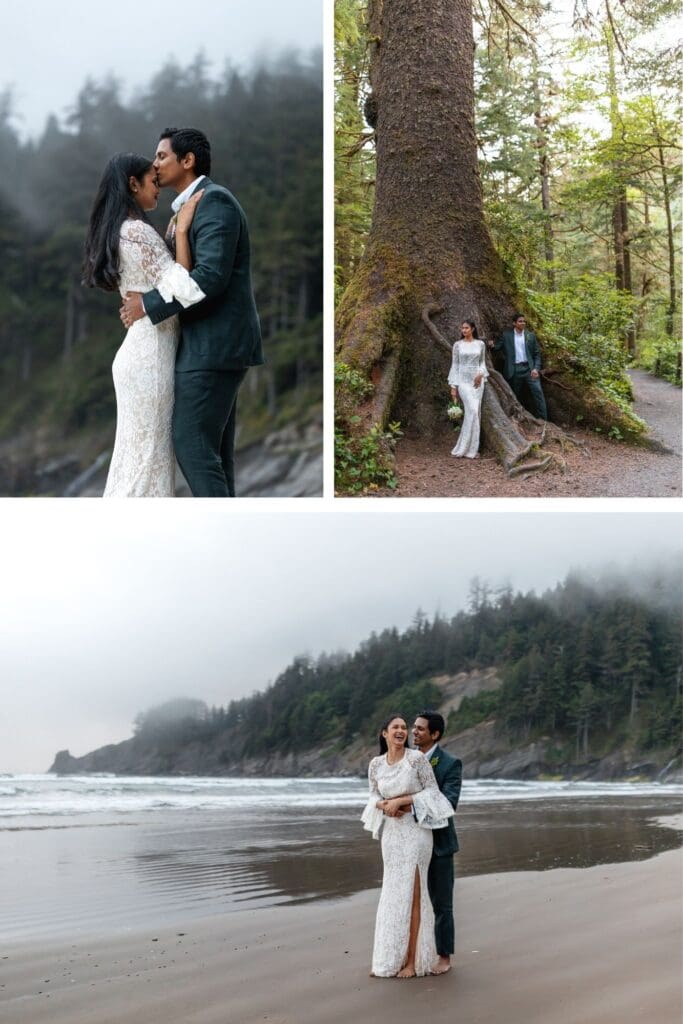 a bride and groom embrace on the coast with the ocean as their backdrop
