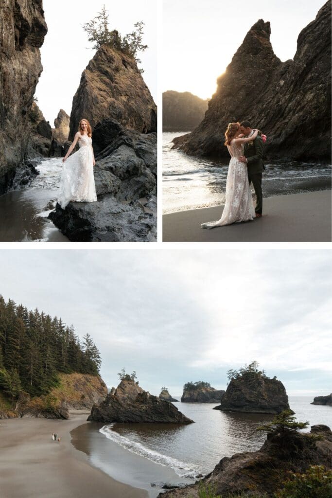 a bride and groom walk along a sandy beach with interesting rock formations on the coast