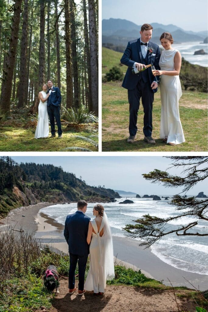a wedding couple toast and look out at the view of the ocean during their elopement