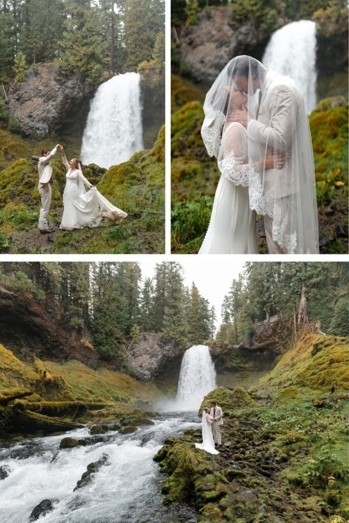 an elopement couple celebrate their wedding day in front of a waterfall in the pacific northwest